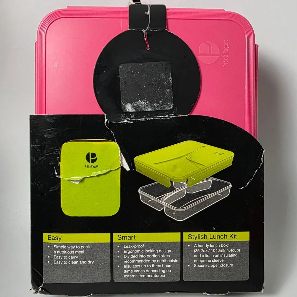 Pret-a-Paquet‎ Lunch To-Go Kit Pink Insulated Neoprene Sleeve Bento Box 35.2oz